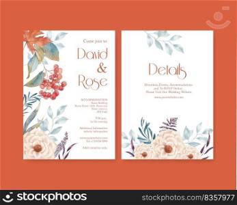Wedding card template with rustic fall foliage concept,watercolor style 