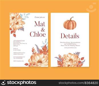 Wedding card template with rustic fall foliage concept,watercolor style
