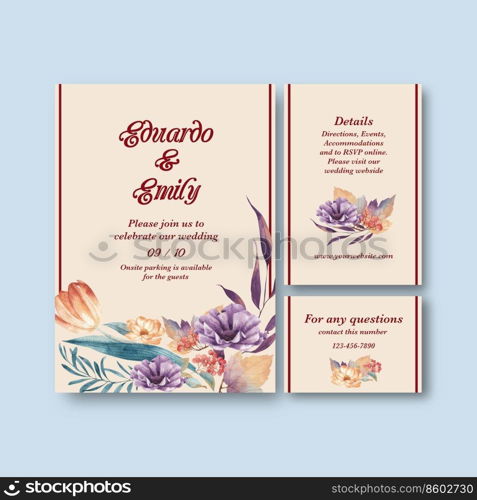 Wedding card template with rustic fall foliage concept,watercolor style 