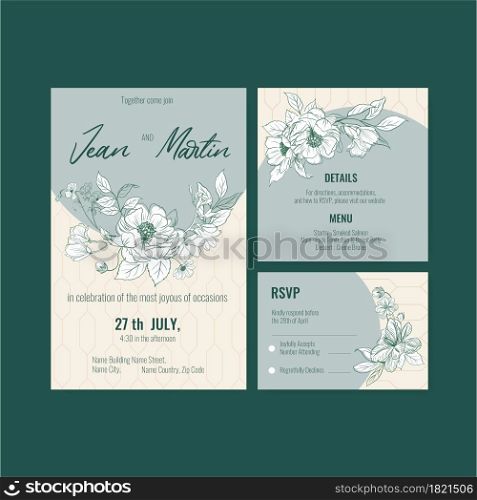 Wedding card template with spring line art concept design watercolor illustration