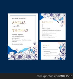 Wedding card template with spring line art concept design watercolor illustration