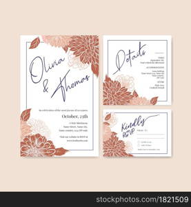 Wedding card template with spring line art concept design watercolor illustration