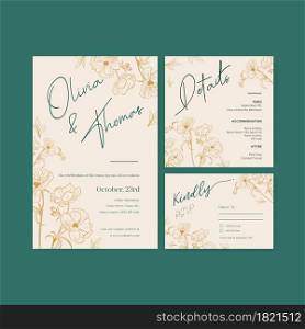 Wedding card template with spring line art concept design watercolor illustration