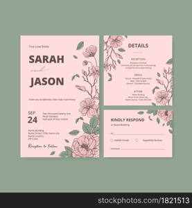 Wedding card template with spring line art concept design watercolor illustration