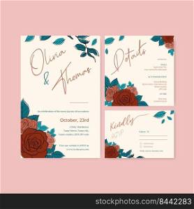 Wedding card template with spring line art concept design watercolor illustration 