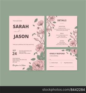 Wedding card template with spring line art concept design watercolor illustration 