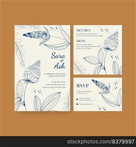 Wedding card template with spring wild flower concept,line art style 