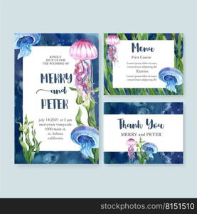 Wedding card watercolor design with beautiful sealife theme, contrast color vector illustration 