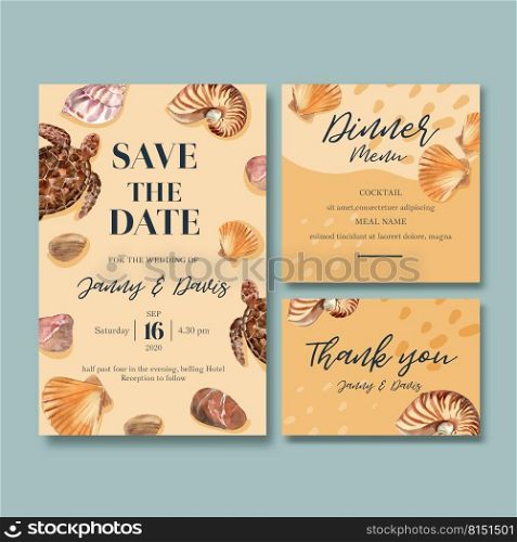 Wedding card watercolor design with turtle and shells, beige background vector illustration 