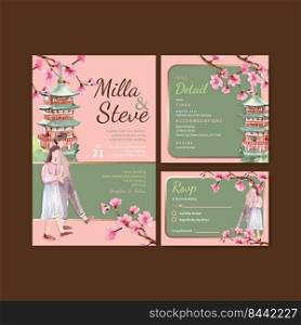 Wedding card with cherry blossom concept design watercolor vector illustration 