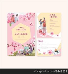 Wedding card with cherry blossom concept design watercolor vector illustration 