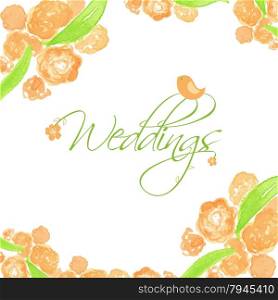 Wedding card with peach peonies and cute bird. Watercolor painted vector card.