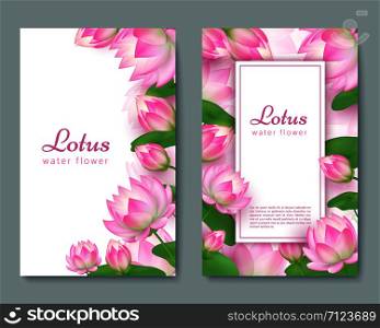 Wedding card with pink lotus. Water flower blossom greeting card. Healing garden lotuses floral background. Banner and card, poster with floral flower blossom. Vector illustration. Wedding card with pink lotus. Water flower blossom greeting card. Healing garden lotuses floral background