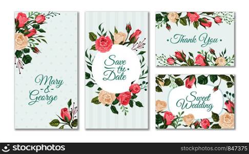 Wedding card with roses. Weddings floral invitation cards with red and pink roses and green leaves. Vector party flyers template for greeting rustic vintage decoration. Wedding card with roses. Weddings floral invitation cards with red and pink roses and green leaves. Vector party flyers template