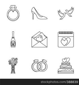 Wedding celebration icons set. Outline illustration of 9 wedding celebration vector icons for web. Wedding celebration icons set, outline style
