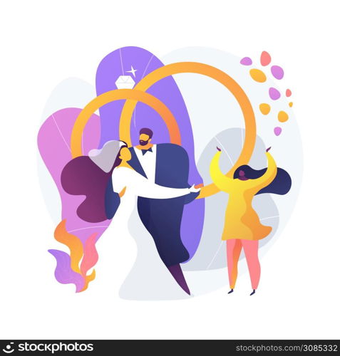 Wedding ceremony. Bride in beautiful white dress and groom cartoon characters. First dance of the newlyweds. Marriage, engagement, celebration. Vector isolated concept metaphor illustration. Wedding ceremony vector concept metaphor