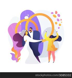 Wedding ceremony. Bride in beautiful white dress and groom cartoon characters. First dance of the newlyweds. Marriage, engagement, celebration. Vector isolated concept metaphor illustration. Wedding ceremony vector concept metaphor