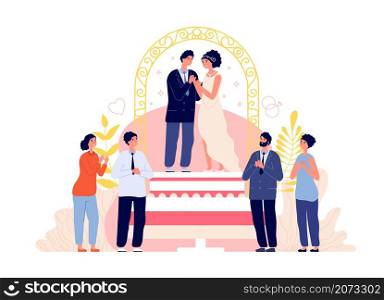 Wedding ceremony. Couple celebrate marriage, groom bride romantic party. People celebration with friends, flat bridal utter vector concept. Illustration romantic people love, bride and groom. Wedding ceremony. Couple celebrate marriage, groom bride romantic party. People celebration with friends, flat bridal utter vector concept