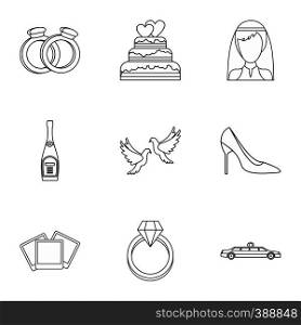 Wedding ceremony icons set. Outline illustration of 9 wedding ceremony vector icons for web. Wedding ceremony icons set, outline style