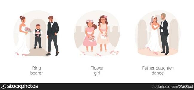 Wedding ceremony isolated cartoon vector illustration set. Ring bearer, page boy holding cushion, flower girl with basket, father-daughter dance, wedding tradition, get married vector cartoon.. Wedding ceremony isolated cartoon vector illustration set.