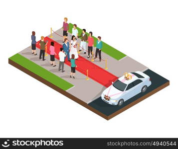 Wedding ceremony isometric composition. Wedding ceremony isometric composition with just married couple on the red carpet vector illustration