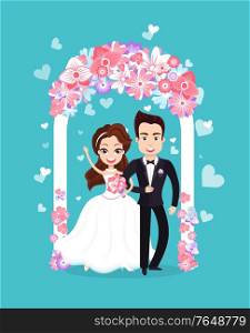 Wedding ceremony of couple standing together, portrait view of man in woman, smiling bride and groom, invitation blue postcard, romantic festive vector. Bride and Groom Standing Together, Wedding Vector