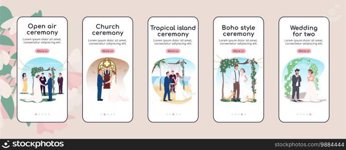 Wedding ceremony onboarding mobile app screen flat vector template. Newlyweds celebrate marriage. Walkthrough website steps with characters. UX, UI, GUI smartphone cartoon interface, case prints set. Wedding ceremony onboarding mobile app screen flat vector template