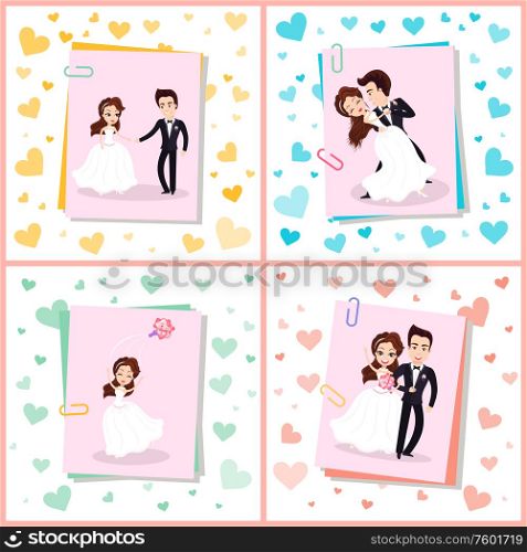 Wedding ceremony vector, people on special day woman, wearing bridal dress holding bouquet, hearts and pictures of couple in love, set flat style. Wedding Couple First Dance of Wife and Husband