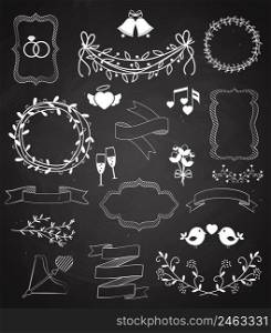 Wedding chalkboard Banners and Ribbons set with Arrow  hearts  frames  wreaths  swags  bells  birds  ch&agne  floral border  banner  ribbon  and rings   vector outline sketches