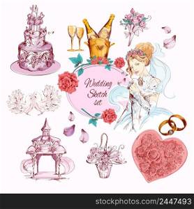Wedding classic celebration ceremony sketch colored decorative icons set isolated vector illustration