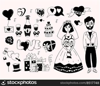 Wedding collection. Newlyweds, bride in wedding dress with bouquet and groom, gifts, glasses and ch&agne, heart, symbols of love. Isolated vector hand doodles for wedding design and decoration