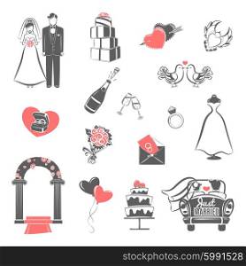 Wedding concept black red icons set. Traditional wedding two colors icons set with engaged couple and bridal party accessories abstract isolated vector illustration