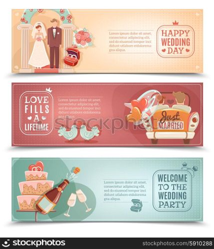Wedding concept flat banners set. Vintage style wedding day party for just married couple flat horizontal banners set abstract isolated vector illustration