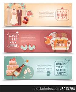 Wedding concept flat banners set. Vintage style wedding day party for just married couple flat horizontal banners set abstract isolated vector illustration