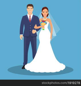 Wedding couple Bride and groom. Wedding card with the newlyweds. Vector illustration in flat style. Bride and groom.