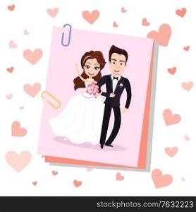 Wedding couple, man in woman married, portrait view of smiling bride and groom, postcard decorated by hearts and family image, romantic day. Vector illustration in flat cartoon style. Smiling Bride and Groom Postcard, Wedding Vector