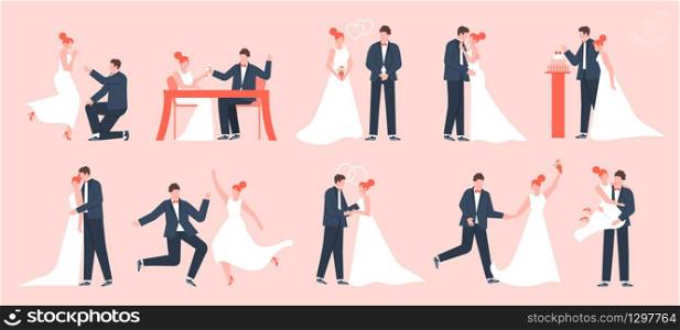 Wedding couple. Marriage bride and groom, newlyweds in love, young family dancing and celebrating, marriage ceremony vector illustration set. Bride and groom, wedding marriage love, dress newlywed. Wedding couple. Marriage bride and groom, newlyweds in love, young family dancing and celebrating, marriage ceremony vector illustration set