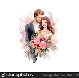 Wedding couple married with flowers watercolor. Vector illustration design.