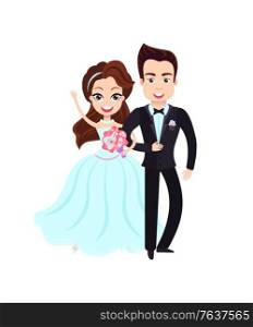 Wedding couple, portrait view of man in suit and woman in dress holding bouquet, smiling bride and groom married, valentine or romantic day vector. Husband and Wife, Groom and Bride, Wedding Vector