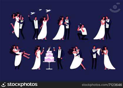 Wedding couples. Bride and groom on marriage ceremony. Getting married people characters isolated set. Couple wedding, groom and bride, romantic together illustration. Wedding couples. Bride and groom on marriage ceremony. Getting married people characters isolated set