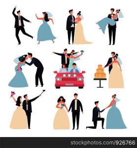 Wedding couples. Bride ceremony celebration wed day love groom marriage rings vector characters. Bride and groom, marriage love couple, celebration wedding ceremony illustration. Wedding couples. Bride ceremony celebration wed day love groom marriage rings vector characters