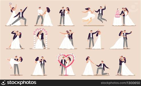 Wedding couples. Bride in wedding dress, just married couple and marriage ceremony cartoon vector illustration set. Bride and groom, couple marriage ceremony. Wedding couples. Bride in wedding dress, just married couple and marriage ceremony cartoon vector illustration set