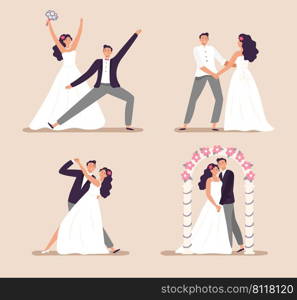 Wedding couples man woman dancing and celebration. Vector woman man dance isolated, marriage happy romance illustration. Wedding couples man woman dancing and celebration