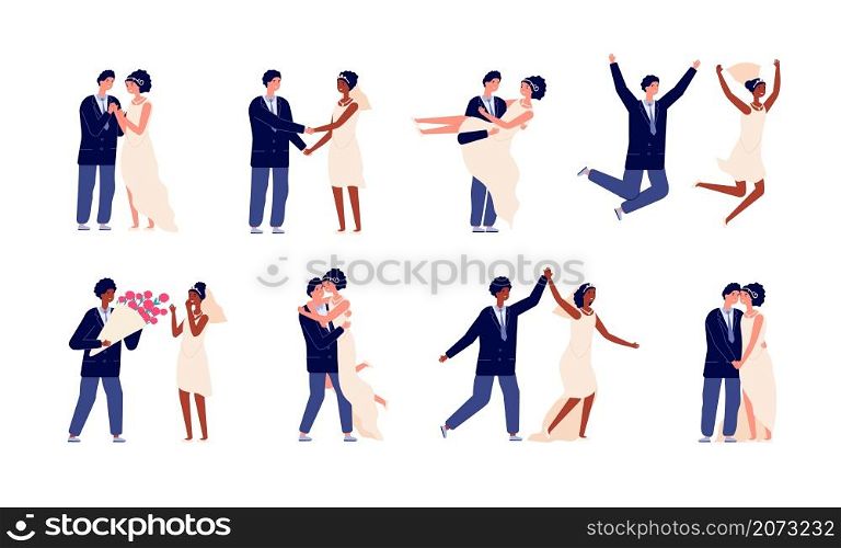 Wedding couples scenes. Marriage couple, bride groom cartoon characters. Wed party, happy newlywed ceremony and celebrations utter vector set. Illustration couple groom and bride wedding scene. Wedding couples scenes. Marriage couple, bride groom cartoon characters. Wed party, happy newlywed ceremony and celebrations utter vector set