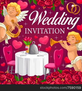 Wedding cupids and hearts, marriage ceremony vector invitation, diamond rings, rose flowers. Cupid angels playing music on harp and pipe, wedding party table with floral bouquet and wineglasses. Wedding marriage party invitation, hearts, flowers