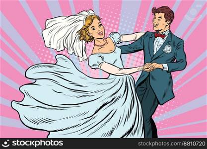 Wedding dance bride and groom. Pop art retro vector illustration. Loving couple man and woman. Wedding dance bride and groom