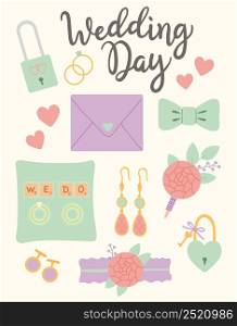 Wedding day bride and groom accessories vector illustration