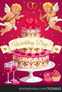 Wedding day cake, cupids and love hearts, vector bride and groom marriage party. Diamond rings and roses flowers, cupid angels playing music on golden harp, wedding cake, wine and floral bouquet. Wedding day cake and cupids, love hearts