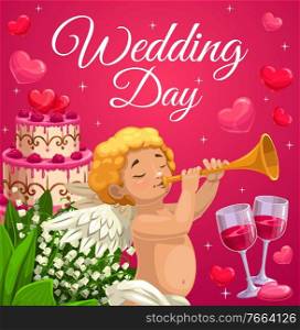 Wedding day celebration and marriage ceremony. Cherub or angel blowing in trumpet, wedding cake with raspberry and heart decoration, lily of the valley flowers bouquet and two wineglasses vector. Wedding day celebration, marriage ceremony vector