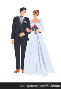 Wedding day ceremony of man and woman walking to isle. Isolated bride and groom looking at each other. Special day and occasion, girl in dress holding bouquet in her hands. Vector in flat style. Couple starting family life, wedding day ceremony